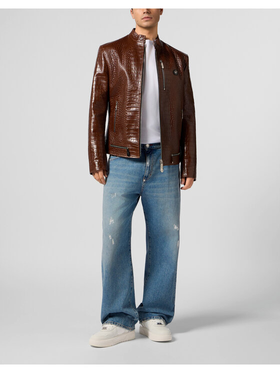 PHILIPP PLEIN PHILIPP PLEIN Kurtka skórzana 29937 Brązowy Slim Fit
