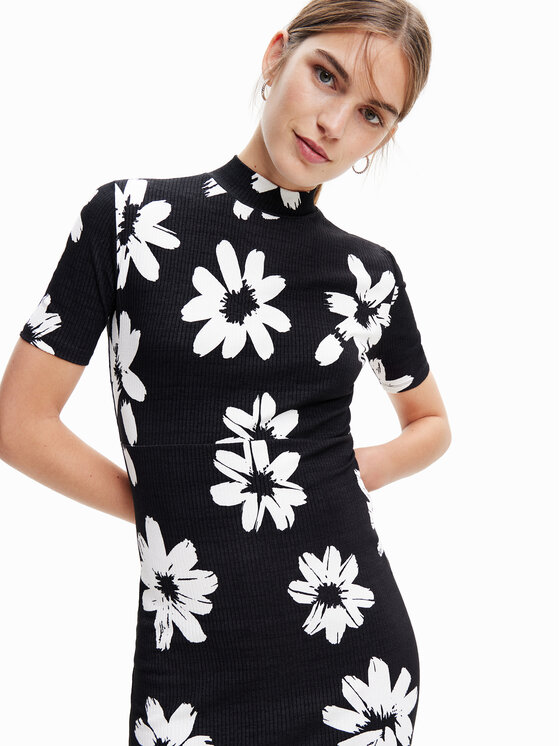 Vestito desigual nero con fiori new arrivals