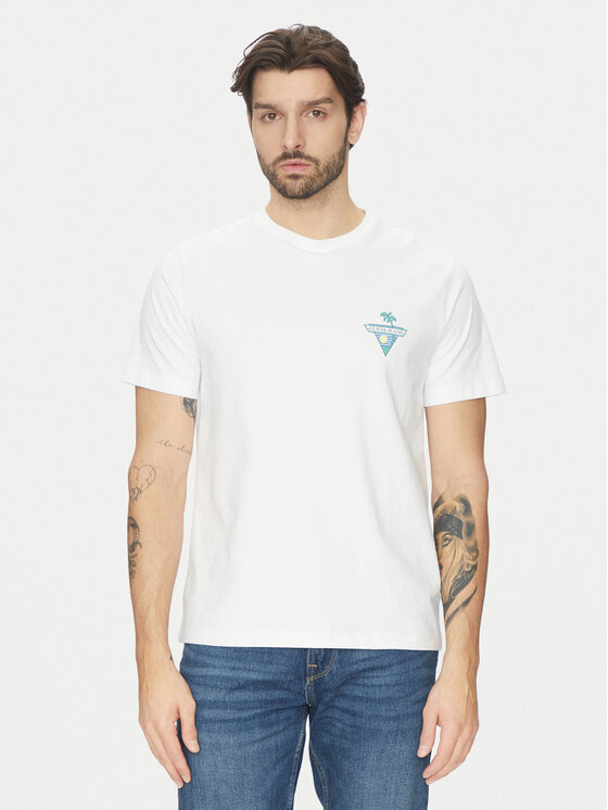 T-Shirt Uomo GUESS JEANS M4YI46 K8FQ4 G011 White, Jersey Di Cotone Biologico, Oversize Con Mini Logo Rosso