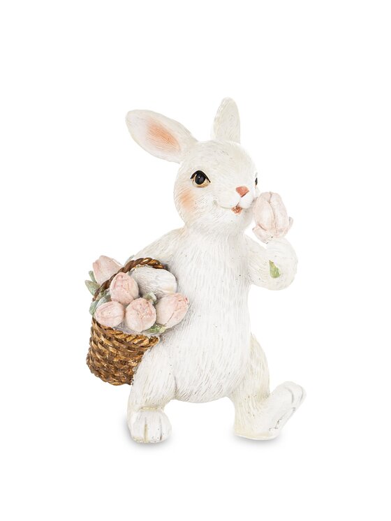 MIAhome MIAhome Figurka królik z koszykiem różowych tulipanów Biały
