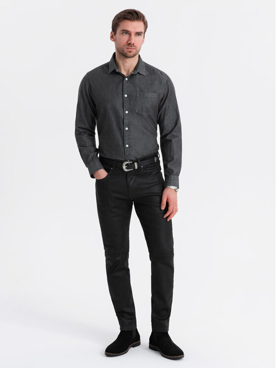 Ombre Ombre Koszula jeansowa OM-SHDS-0181 Czarny Regular Fit