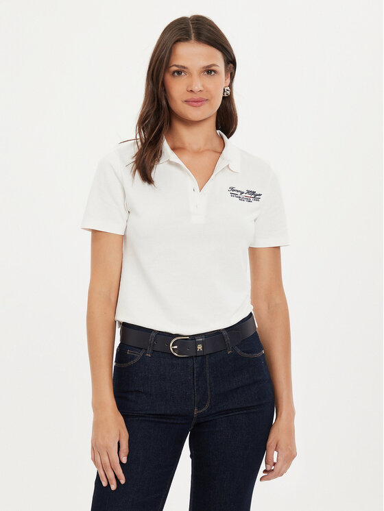 Tommy Hilfiger Tommy Hilfiger Тениска с яка и копчета Script WW0WW43624 Екрю Slim Fit