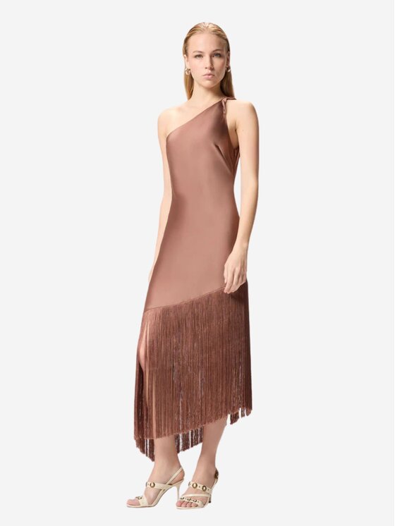 PINKO PINKO Sukienka wieczorowa Abito corto monospalla in satin con frange Brązowy Regular Fit
