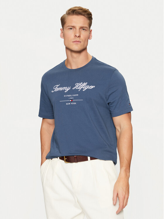 Tommy Hilfiger Tommy Hilfiger T-Shirt Script Logo Tee MW0MW33691 Niebieski Regular Fit