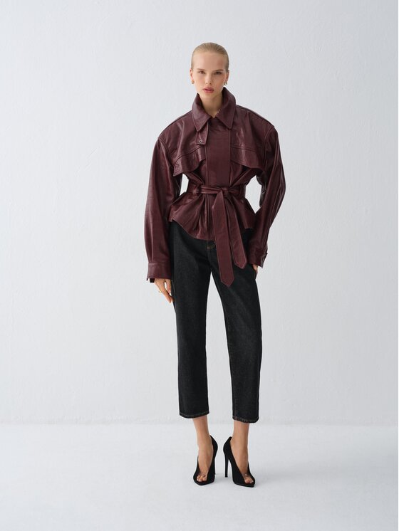 La Mania La Mania Kurtka skórzana HAMBURG Bordowy Basic Fit