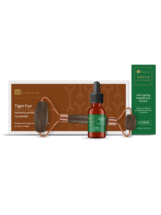 Dr Botanicals Dr Botanicals Rozświetlający i równoważący wałek do twarzy Tiger Eye (złota rączka metalowa) Zestaw do pielęgnacji