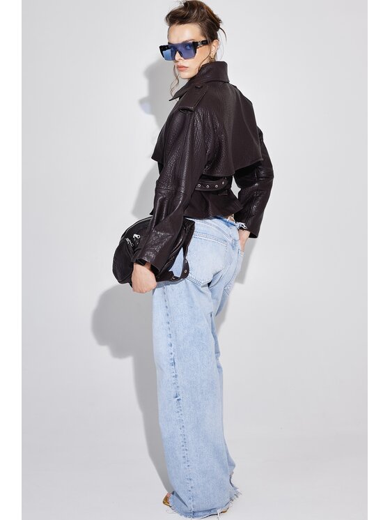 Mimika Mimika Kurtka skórzana lenny 2.0 krótki trench z brązowej, teksurowanej skóry Brązowy Oversize