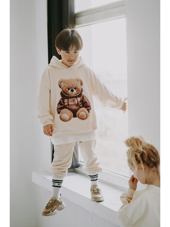 Dziecięca Bluza Bejbi Story, Rozmiar 146, Kremowy, Bluza oversize Biscuit Teddy z kapturem