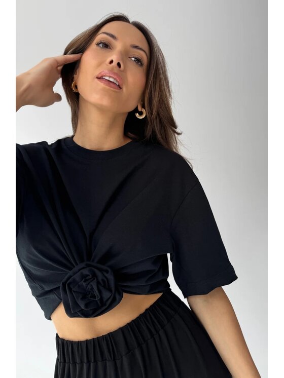 Chiara Wear Chiara Wear T-Shirt T-shirt crop top z różą ROSE Czarny Oversize