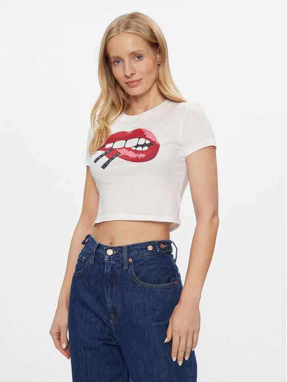 Tommy Jeans Marškinėliai Lips DW0DW17373 Balta Slim Fit | Modivo.lt