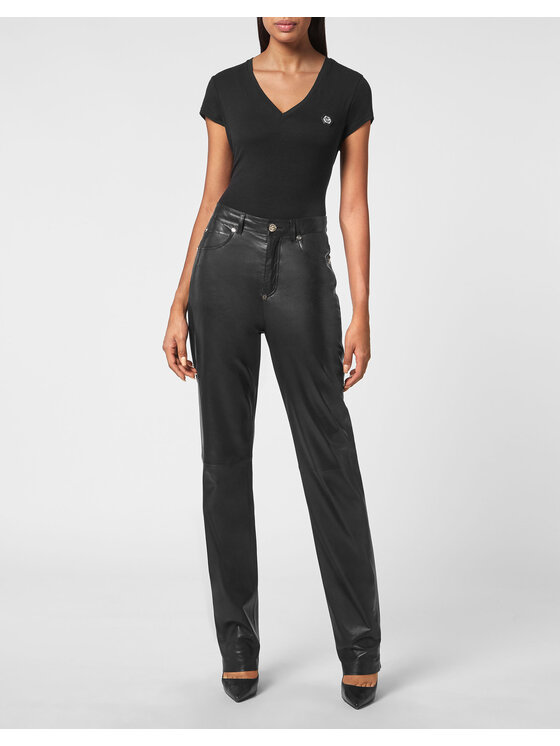 PHILIPP PLEIN PHILIPP PLEIN Spodnie skórzane 2637 Czarny Long Fit