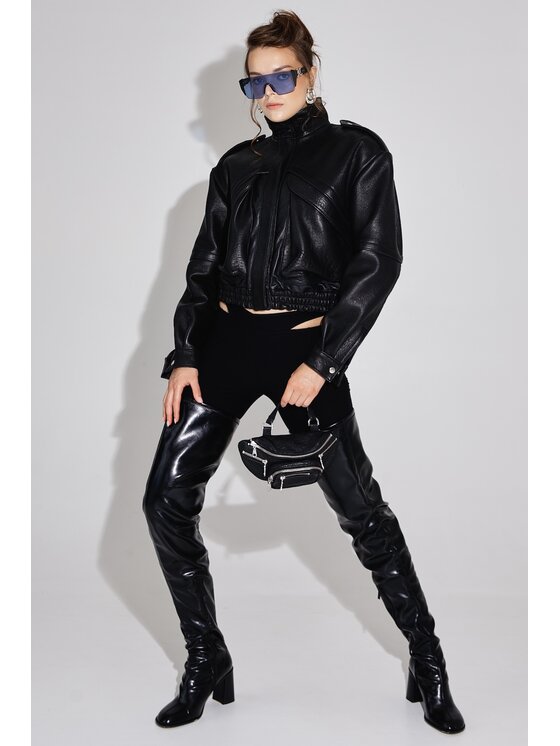 Mimika Mimika Kurtka skórzana bomber n^7 absolute black z teksturowanej skóry Czarny Oversize