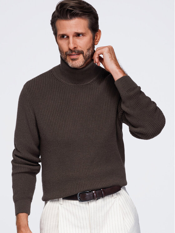 Ombre Ombre Sweter OM-SWTN-0189 Brązowy ciemny Regular Fit