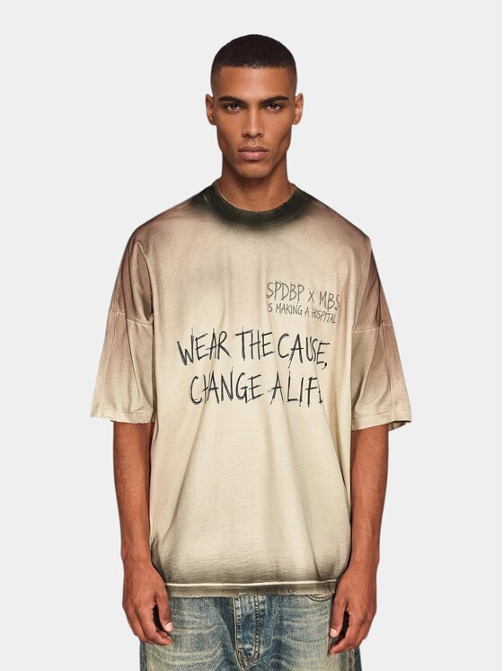MADE BY SOCIETY MADE BY SOCIETY T-Shirt TRICOU BARBATI "CHANGE A LIFE" - T17457 Beżowy Basic Fit