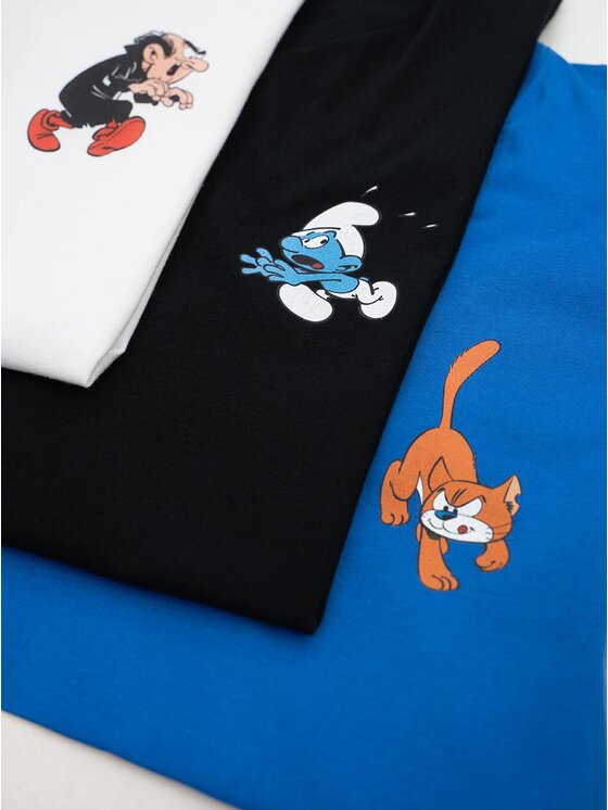 Smerfy Smerfy Komplet t-shirtów Zestaw 3 T-Shirtów Męskich Czarna / Biała / Niebieska Smerfy Runaway L Niebieski Regular Fit