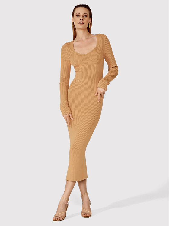 Simple Simple Úpletové šaty SUD022 Hnedá Slim Fit