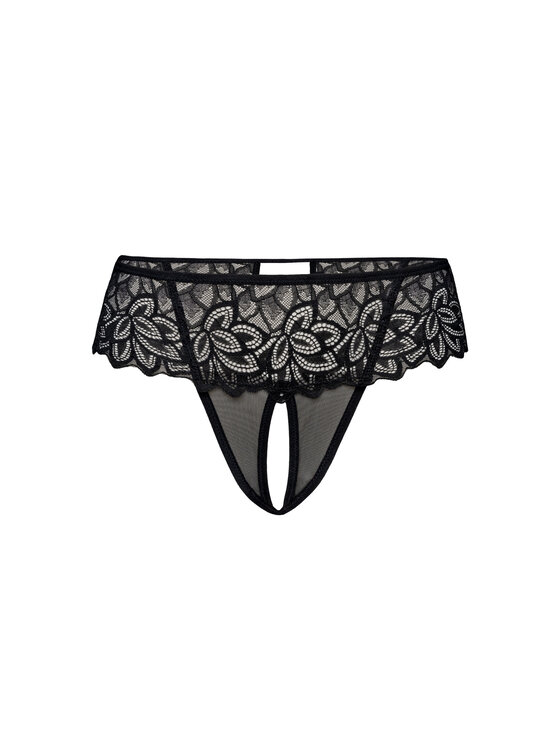Stringi, rozmiar S/M, Czarne, majtki z otwartym krokiem Rosu