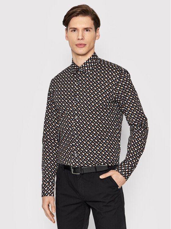 BOSS Hombres H HANK Kent C1 214 Camisa Slim Popelín De Algodón Stretch Impreso, Azul Oscuro404, 38