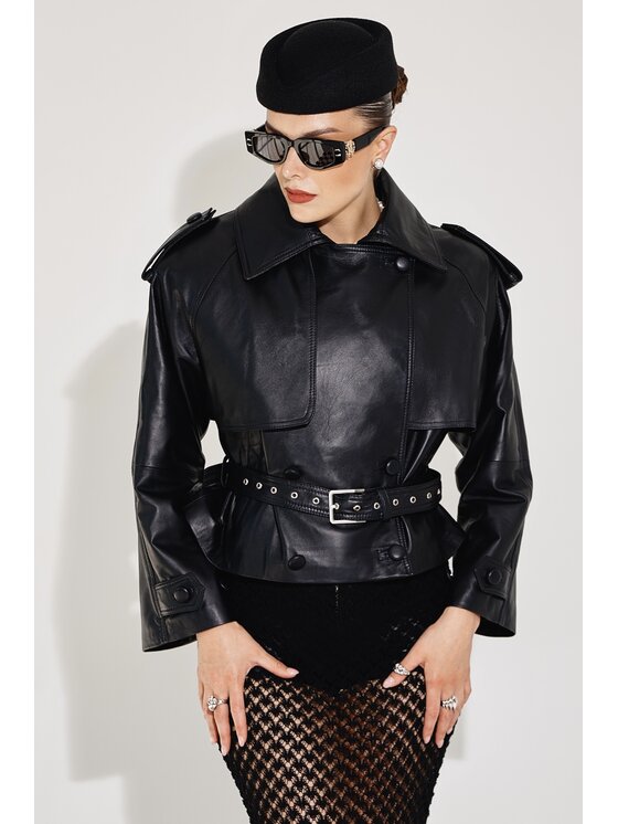 Mimika Mimika Kurtka skórzana lenny 2.0 krótki trench absolute black Czarny Oversize