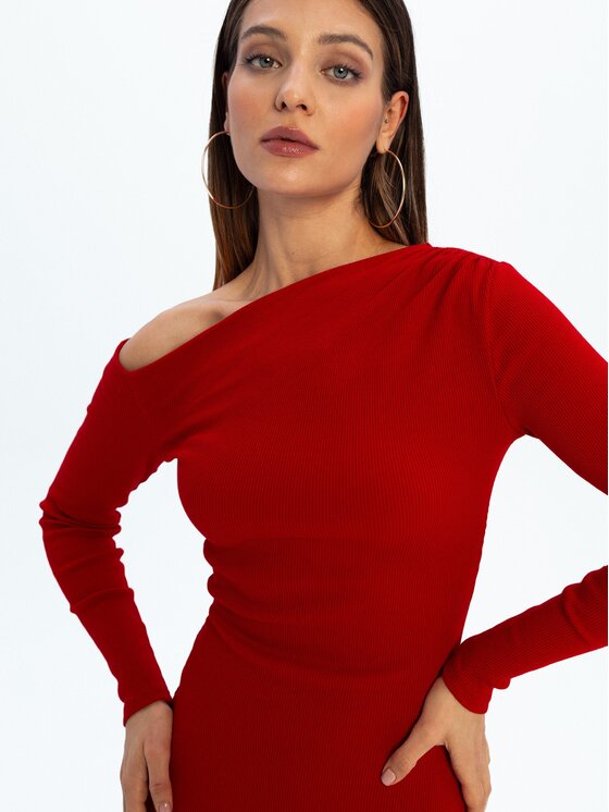 Nudyess Nudyess Sukienka dzianinowa Glam Mimi z prążka Czerwony Fitted Fit