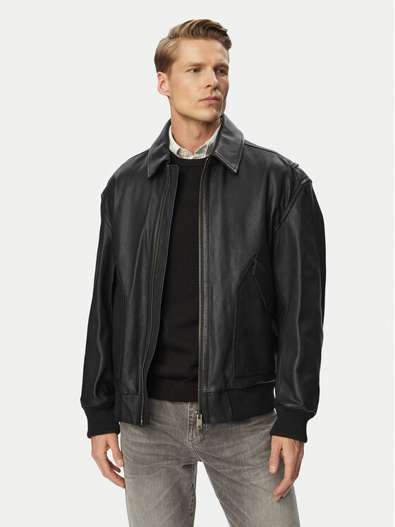 BOSS Geacă de piele Josual 50568175 Negru Regular Fit