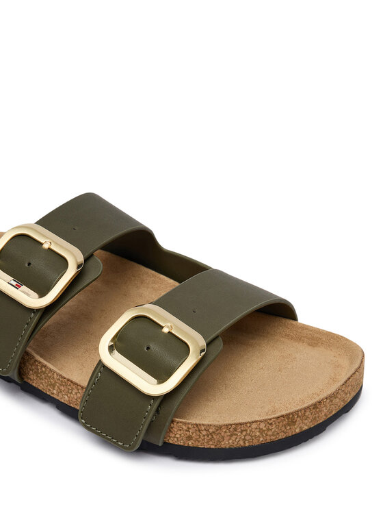 Tommy Hilfiger Tommy Hilfiger Klapki Leather Double Strap Cork Sandals FW0FW09118 Zielony