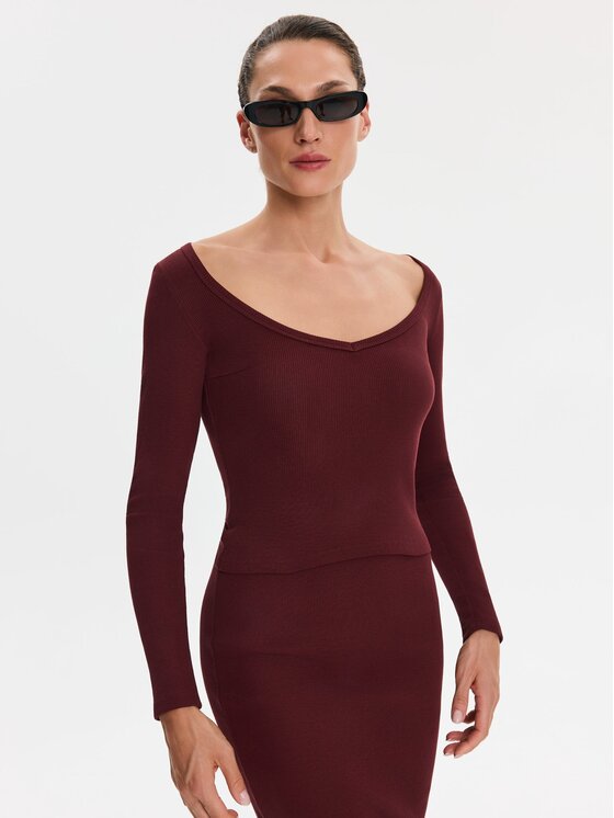 Nudyess Nudyess Top Alba z prążka Bordowy Slim Fit
