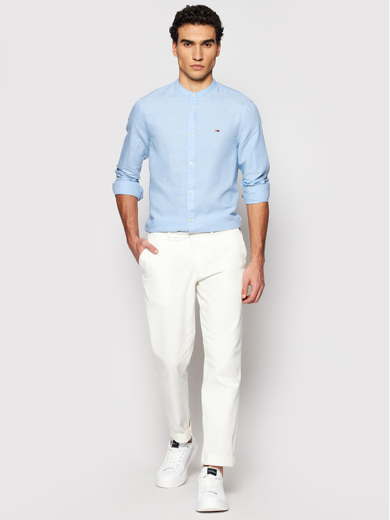 Tommy Jeans Marškiniai Mao Linen Blend DM0DM10617 Mėlyna Slim Fit •  Modivo.lt