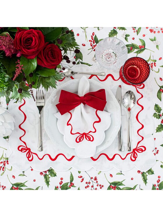 Roseberry Home Roseberry Home Podkładka na stół haftowana Red Christmas Bows Biały
