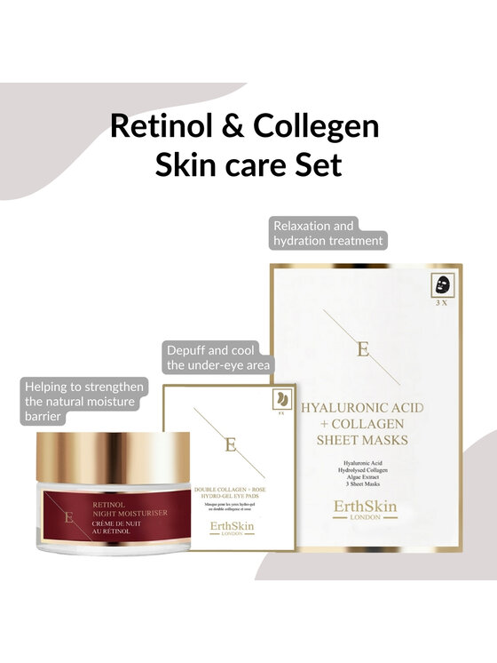 Erthskin London Erthskin London Nawilżający krem ​​na noc Retinol + płatki pod oczy + maska ​​kolagenowa Krem na noc