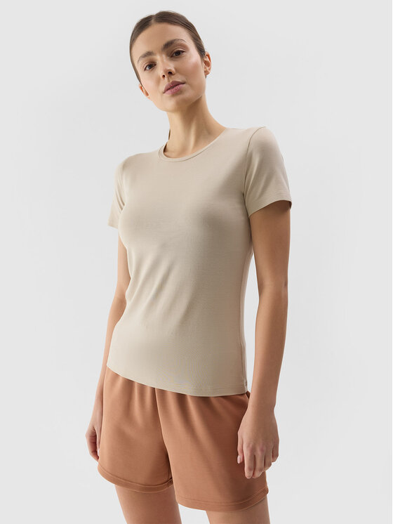 4F 4F Tričko 4FWSS24TTSHF1267-83S Hnedá Slim Fit