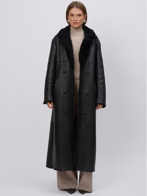 FAN LEATHER FAN LEATHER Kożuch naturalny Dwustronny z Oddzielnym Pasem Czarny Loose Fit