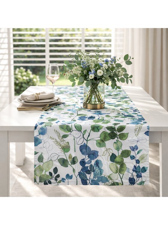 Roseberry Home Roseberry Home Bieżnik z motywem liści i ptaków Blue Sparrow Niebieski