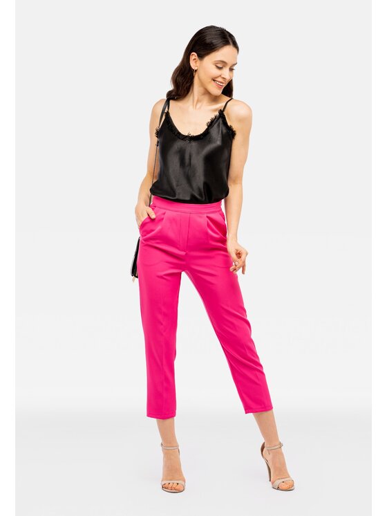 Perso Perso Kalhoty z materiálu cygaretki z kieszeniami Růžová Slim Fit