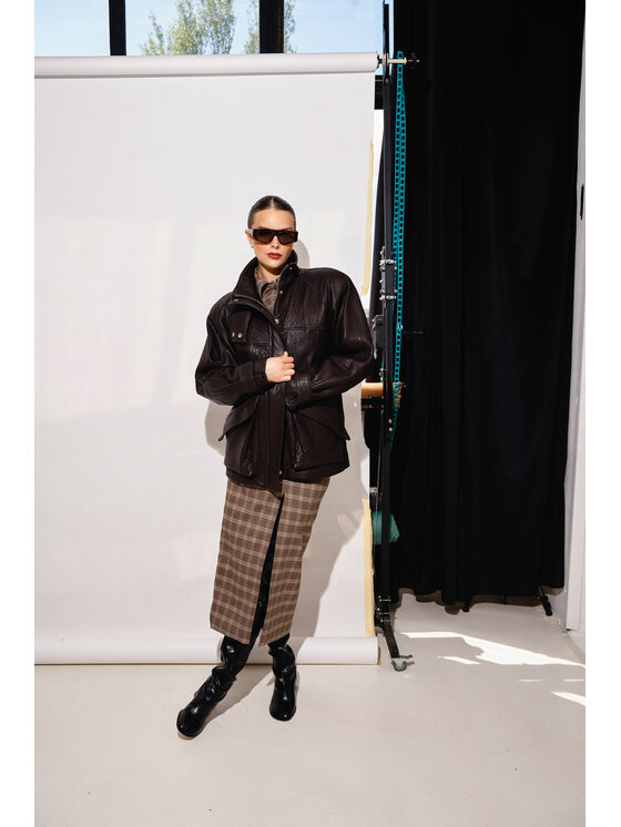 Mimika Mimika Kurtka skórzana Parka cafe z teksturowanej skóry Brązowy Oversize