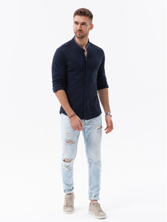 Ombre Ombre Koszula OM-SHCS-0178 Granatowy Slim Fit