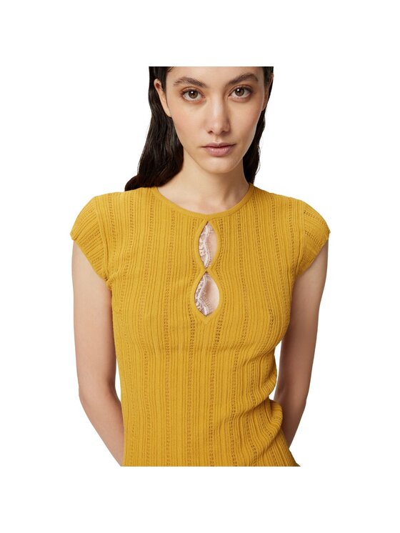 PINKO PINKO T-Shirt Tofane maglia ribs trafori + pizzo Żółty Slim Fit