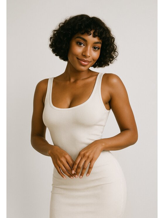 Nudyess Nudyess Sukienka letnia Tina midi z prążka Écru Fitted Fit