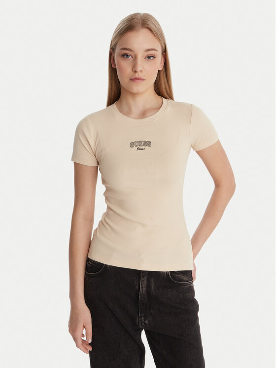 Guess Jeans Guess Jeans Tričko W6RP21 KA0H1 Béžová Slim Fit