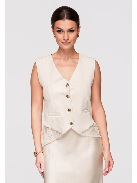 Ombre Ombre Kamizelka OW-VE-E0002 Beżowy Slim Fit