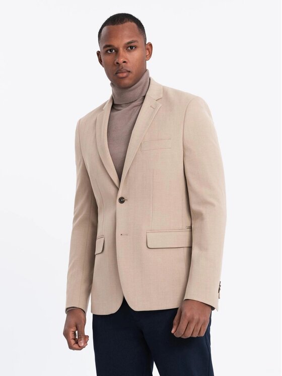 Ombre Ombre Marynarka OM-BLZB-0135 Beżowy Slim Fit