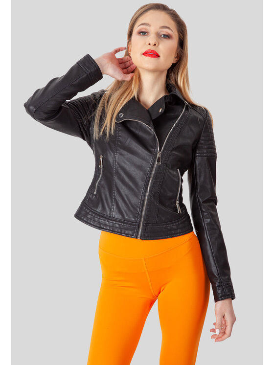 Perso Perso Kurtka z imitacji skóry z suwakiem Czarny Slim Fit