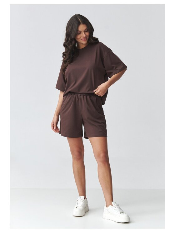 Makadamia Makadamia Komplet bluzka i szorty sportowe M935 Brązowy Loose Fit