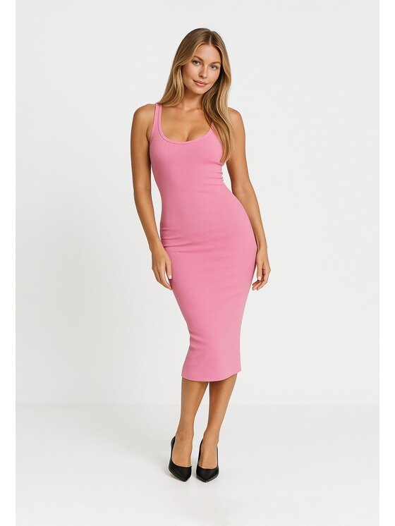 Nudyess Nudyess Sukienka letnia Tina midi z prążka Różowy Fitted Fit