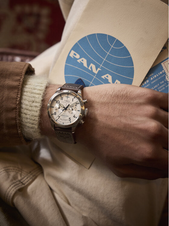 Timex Timex Ročna ura Timex x Pan Am® Waterbury Ace Chronograph TW2Y38700 Rjava