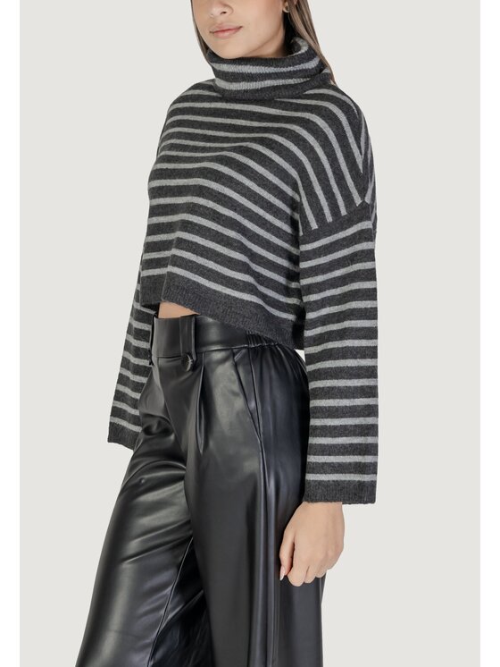 ONLY ONLY Sweter ONLTALIO LS STRIPE SHORT ROLLNECK BF KNT Szary Short Fit