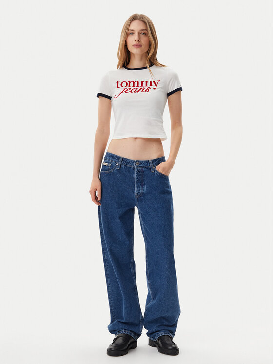 Tommy Jeans Tommy Jeans Póló Script Ringer DW0DW20631 Ekru Slim Fit