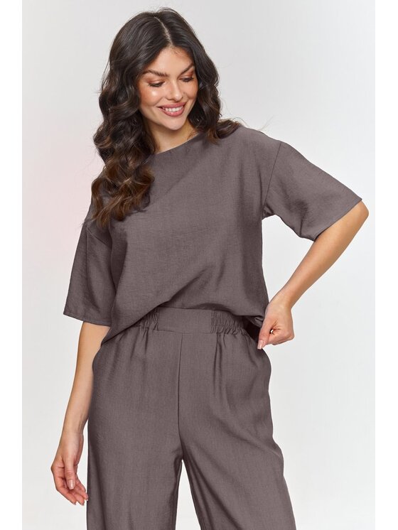 Makadamia Makadamia Komplet bluzka i spodnie M945 Brązowy Loose Fit