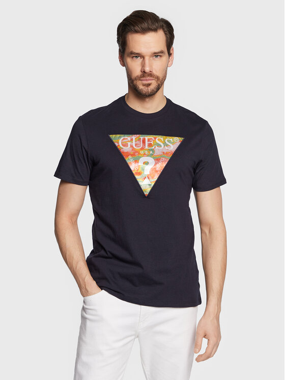 Guess Guess Marškinėliai Abstract Logo M3GI57 K9RM1 Tamsiai mėlyna Slim Fit