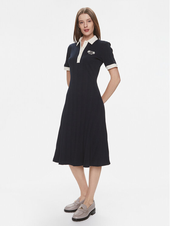 Tommy Hilfiger Tommy Hilfiger Sukienka dzianinowa F&F Crest 85 Polo Dress Rib WW0WW40617 Granatowy Regular Fit
